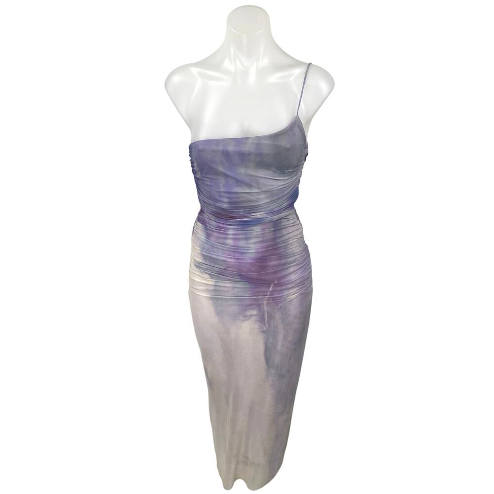 NEW Zara Purple Lilac Tie Dye One Shoulder Sleeveless Ruched Midi Slip Dress XS